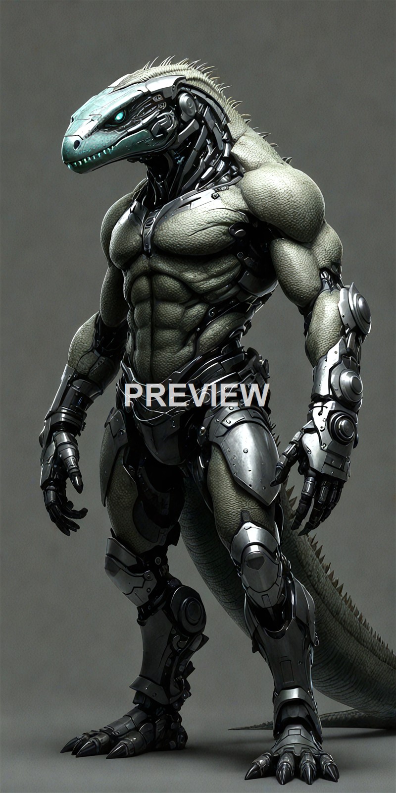 A humanoid robotic lizard with a muscular build, featuring a detailed metallic and scaled body, a fierce face with glowing blue eyes, and a long tail, standing against a plain background.